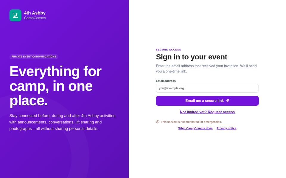 Camp Comms sign-in page