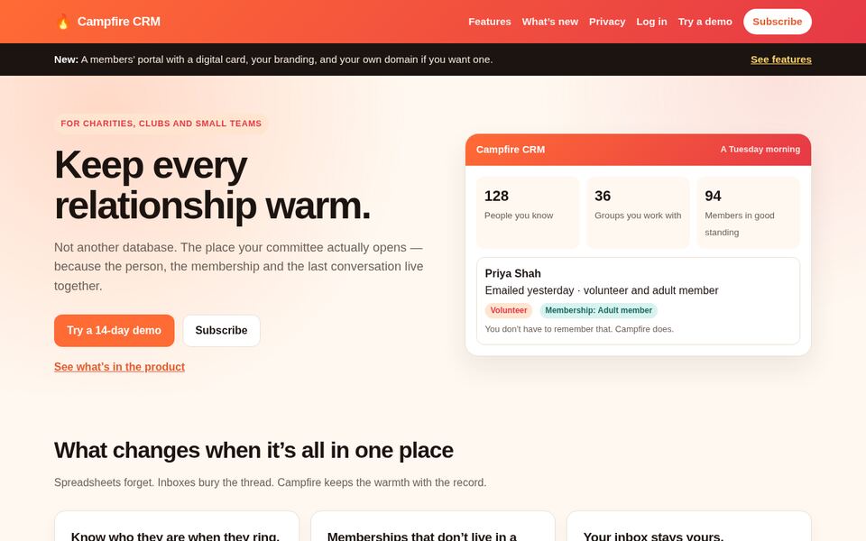Campfire CRM homepage